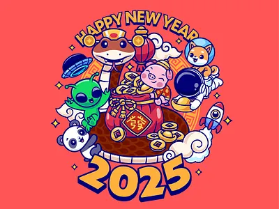 Happy Lunar New Year 2025🐍🔥 animals astronaut branding celebration character chinese chinese new year cute doodle flat icon illustration logo lunar new year mascot new year 2025 rocket snake space year of snake