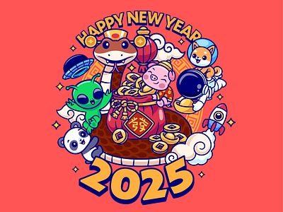 Happy Lunar New Year 2025🐍🔥 animals astronaut branding celebration character chinese chinese new year cute doodle flat icon illustration logo lunar new year mascot new year 2025 rocket snake space year of snake