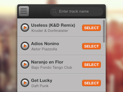 Tracks categories filter menu music play button player pop up scroll search box selection songs tracks