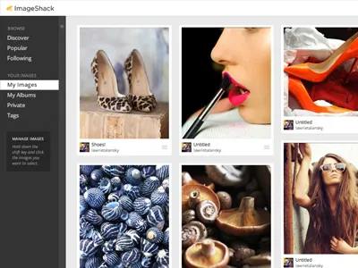 Imageshack clean image grid image hosting image management left navigation simple ui ux