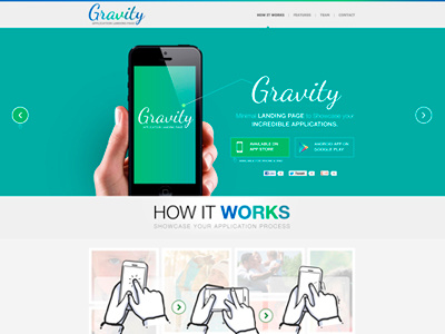 Gravity Mobile App Landing Page 960 grid android app app landing page app site clean creative design flat color flat design graphic iphone iphone app minimalistic mobile app modern promotional page psd responsive ui web design website