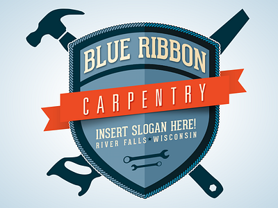 Blue Ribbon Carpentry Logo banner blue brand branding carpenter carpentry design hammer logo orange saw shield tools wisconsin work in progress