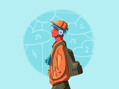 Walkman day camera cap clouds foxhide guy illustration personal sky sun walk