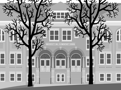 Another School - Grayscale architecture boulder building elementary illustration school trees windows