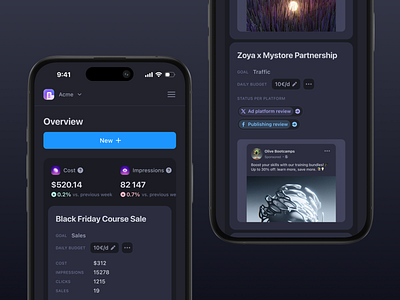 Shown AI · Dark mode · Dashboard ads ads campaign ads manager analytics builder campaigns card charts dark dark mode labels list marketing dashboard mobile dashboard price reports saas social media statistics tags