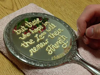 Mirror commission glass painting gold hand lettering lettering script sign painting