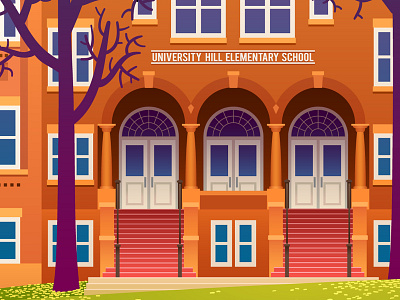 Uni Hill Elem Skool architecture autumn building columns design doors entrance illustration trees windows