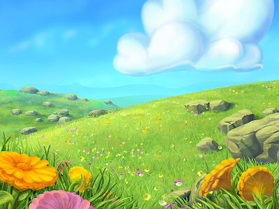 Practice in drawing cloud colors drawing flowers game grass illustration scene sky stone