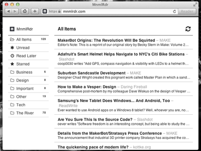 MnmlRdr Responsive Desktop Layout black desktop reader responsive rss web web app white whitespace