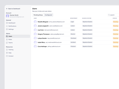 Users List clean configuration design finance interface invite legal list manage minimal product saas settings share side panel ui ui design users ux ux design