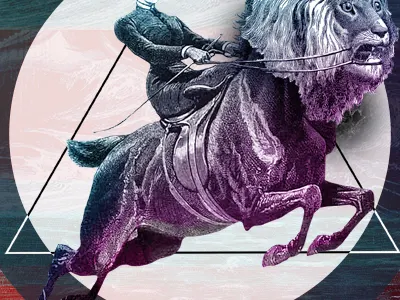 Woman Riding a Liorse into a sky full of oceans and dreams art magenta purple sketch