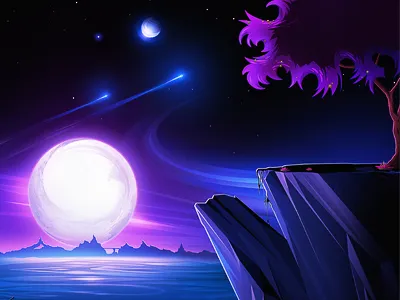 Further Away cliff land moon mountains space tree water