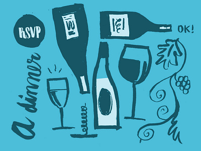 Vinner Dinner bottles corkscrew dinner doodles glasses illustration ok rsvp vines wine