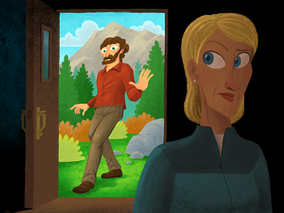 Fear the Indoors door hawk funn illustration indoors man mountains outdoors trees woman