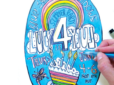 Lucy 4 Year Old Birthday Invitation birthday blue skies custom font hand lettering invitation kids birthday lettering rainbows