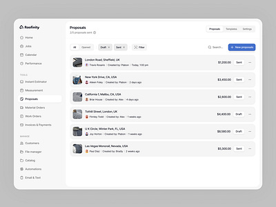 Roof Management Dashboard - Proposals dashboard jobs product design proposal roof solar ui ux