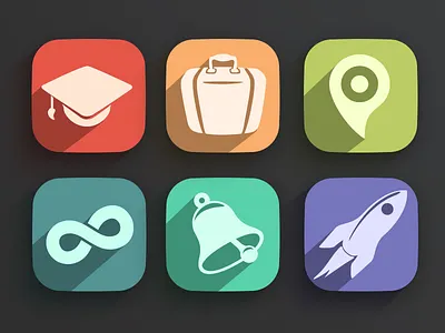 Long Shadow Icons alarm bag eternity knowledge longshadow map place rocket study top travel