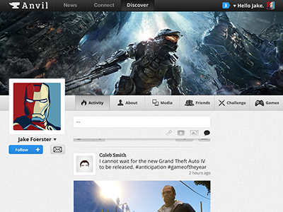 Anvil Profile anvil connect discover follow games gaming halo ironman newsfeed profile project