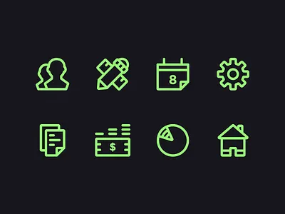 Menu Icons calendar coin documents gear home icon line money pencil pie ruler user