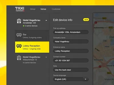 TomTom Taxi dashboard fields input manage