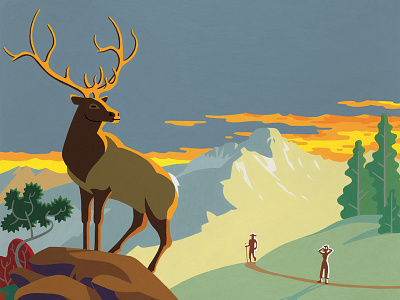 Rocky Mountain National Park elk gouache hikers illustration mountains nature painting people rocks sunset trail trees