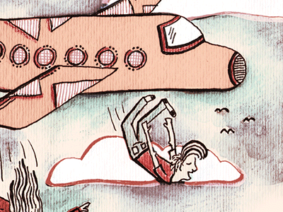 Flying cartoon clouds editorial illustration flying illustration plane watercolor