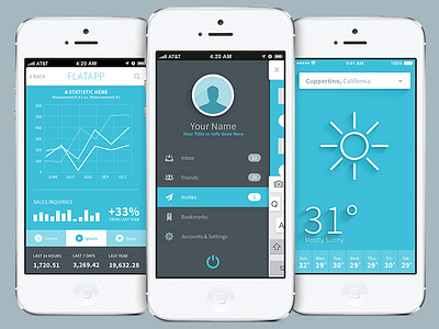 FlatApp iPhone / iOS App app blue graph icons ios iphone iphone app joel ferrell menu phone psd side menu