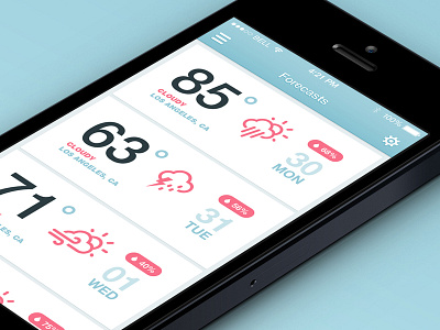 iOS7 Weather App app flat forecast ios7 iphone red ui weather