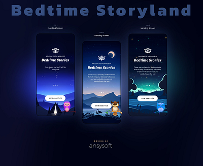 The mobile app named "Bedtime Storyland" designed by Ansysoft adobephotoshop bedtimeroutines bedtimestoriesforkids bedtimestoryapp calmbeforebed easierbedtime happierbedtime kidfriendlystories kidssleepstories mobileapp parentsapp peacefulsleep sleeptightlittleone smoothbedtime storytimeapp windingdown