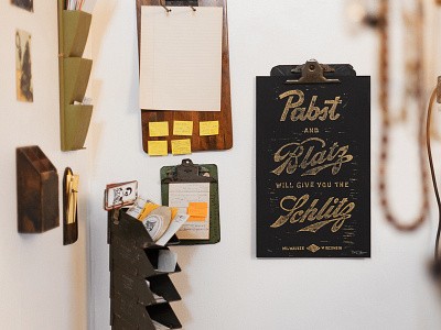 "Pabst and Blatz will give you the Schlitz" Poster black design gold graphic ink lettering linocut poster press printing vintage