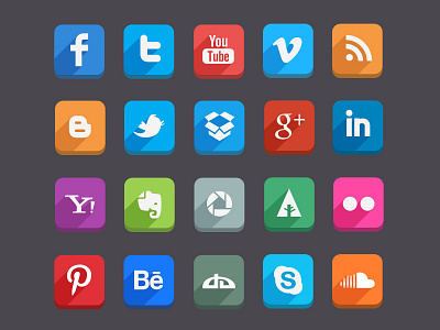 Long Shadow Social Media Icons (Psd) buttons dribble dropbox facebook flat free icons psd social media twitter vector youtube