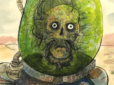 The Robot Cowboy's nemesis, "The Head." cyborg monster robot sci fi water color zombie