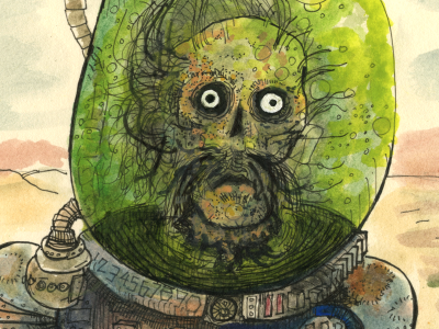 The Robot Cowboy's nemesis, "The Head." cyborg monster robot sci fi water color zombie