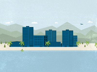 Waikiki buildings city illustration landscape mountains ocean palm sky trees water