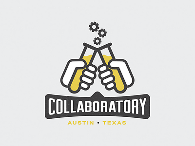 Collaboratory austin beaker branding bubbles cheers fist bump gears hand hands lab logo texas