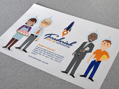 FSC Mailer -Updated blue characters frederick illustration orange people print retro rocket script type space vector