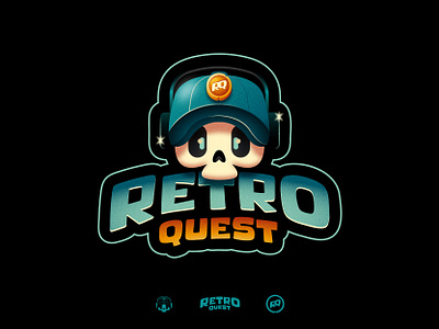 Retro Quest logo branding chip coin friendly gaming icon illustration logo mark retro gaming skull wordmark youthful