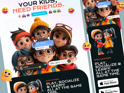 Kids Social Media Platform Landing Page Concept 3d ai best shot branding design illustration social media ui uiux userexperience userinterface ux