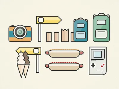 Random Road-trip Items backpacks camera gameboy hot dog icecream iconography icons illustration signage vacation