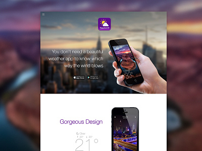 Yahoo Weather Landing app home page landing page minimal. clean weather website