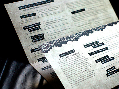 Emmanuelle Bar Menu drinks labels lace menu restaurant