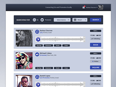 Search page for a Community for DJ's and Promoters clean community dj flat interface music navigation profile search tags uiux website
