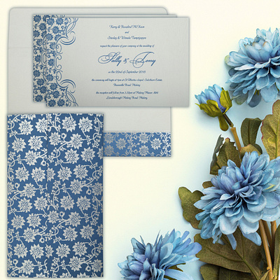 Blue Matte Floral Themed - Screen Printed Wedding Invitation design save the date cards