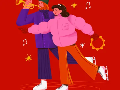 B-day party band cartoon art celebration character design christmas couple digital friends holidays illustration love music party ski skiing winter