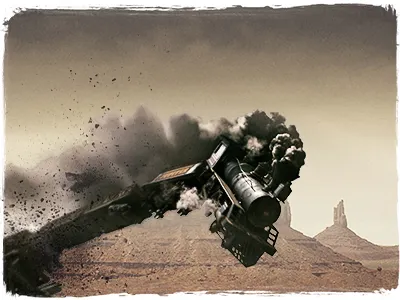 A train explosion brush desert explosion lone ranger mountain movie train western wreckage