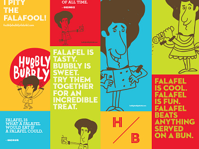 Hubbly Bubbly Falafel Shop Graphics archer bright character copywriting falafel hb illustrations inline menu posters quotes restaurant