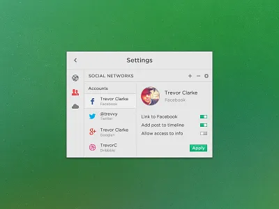 Social Settings app dribbble facebook google networks panel settings social twitter