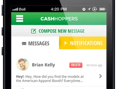Messaging Friends in Cash Hoppers app button game green iphone message tabs ui ux