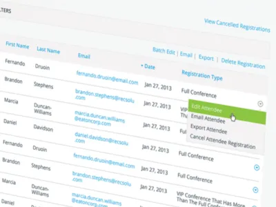 Attendee List action icon action menu attendees cancel edit email event event registration export list management sorting