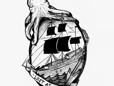 Lost at Sea anchor black and white drawing hand illustrated illustrated illustration line work octopus pen and ink sails ship